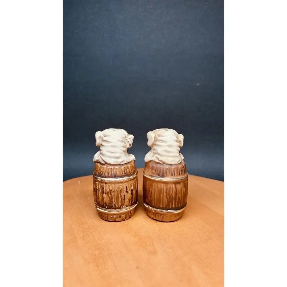 Vintage Japan Bulldog Puppy in Barrel Salt & Pepper Shakers Ceramic Dog Pair